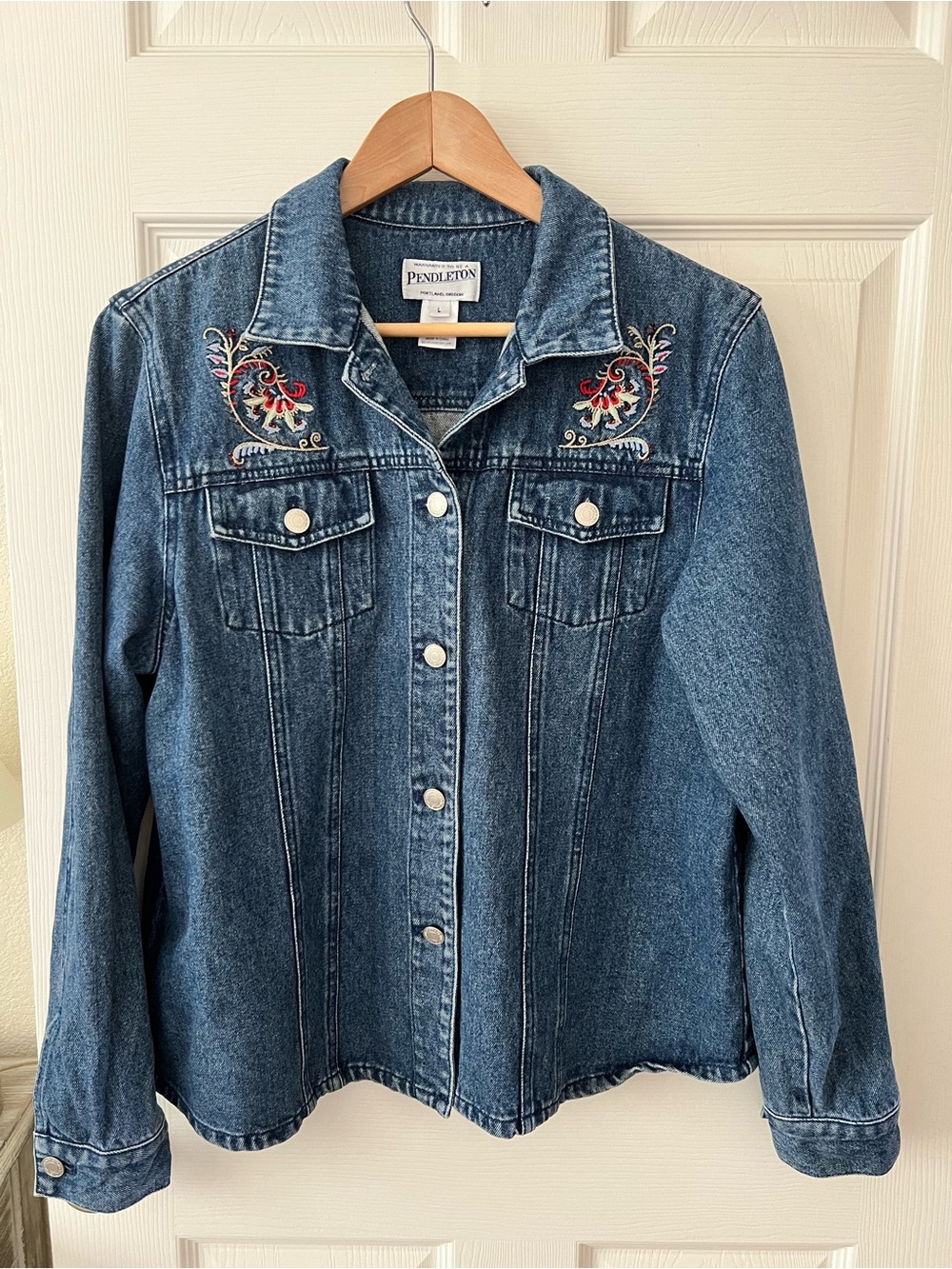 Pendleton Blue Denim Jacket with Red & Cream Embroidery